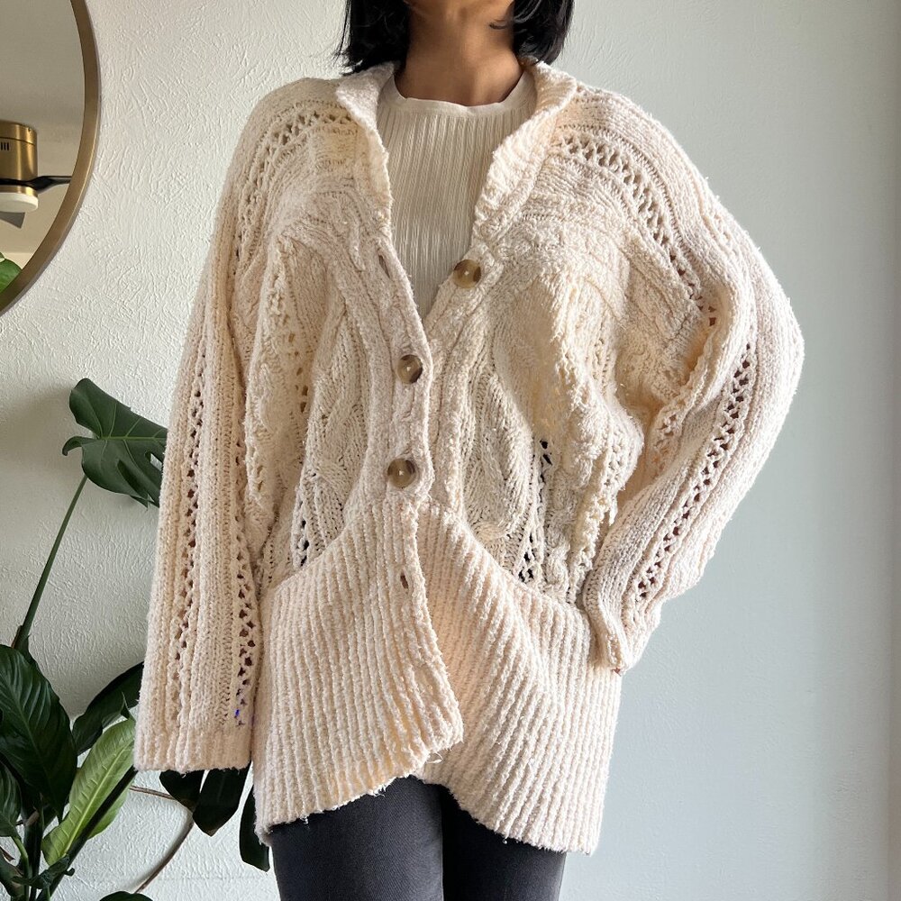 Free People Oversized Cable Knit Cardi in Ivory small Preppy Academia Cardigan - Picture 5 of 12